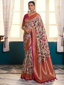 Akhilam - Womens Satin Silk Beige Printed Designer Saree with Unstitched Blouse
