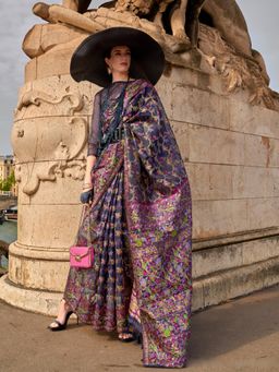 Akhilam - Womens Organza Navy Blue Woven Designer Saree with Unstitched Blouse