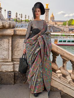 Akhilam - Womens Organza Grey Woven Designer Saree with Unstitched Blouse