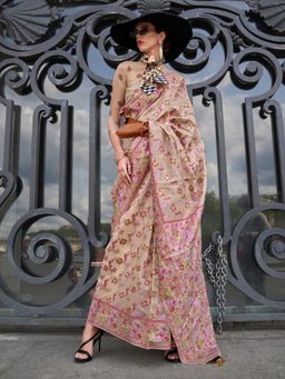 Akhilam - Womens Organza Cream Woven Designer Saree with Unstitched Blouse