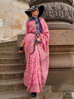 Akhilam - Womens Organza Pink Woven Designer Saree with Unstitched Blouse
