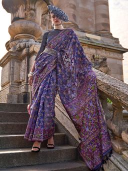 Akhilam - Womens Organza Blue Woven Designer Saree with Unstitched Blouse