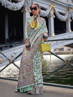 Akhilam - Womens Organza Sea Green Woven Designer Saree with Unstitched Blouse