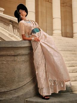 Akhilam - Womens Silk Blend Cream Woven Designer Saree with Unstitched Blouse