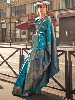 Akhilam - Womens Soft Silk Blue Woven Designer Saree with Unstitched Blouse