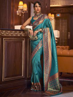 Akhilam - Womens Silk Blend Turquoise Woven Design Handloom Saree with Unstitched Blouse