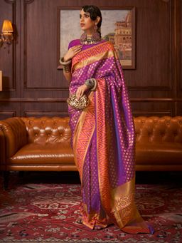 Akhilam - Womens Silk Blend Purple Woven Design Handloom Saree with Unstitched Blouse