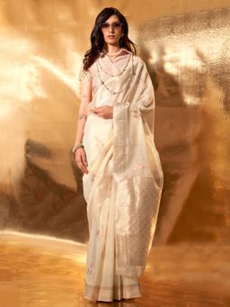 Akhilam - Womens Linen Cream Woven Designer Saree with Unstitched Blouse