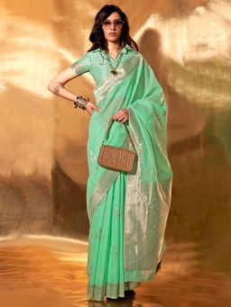 Akhilam - Womens Linen Sea Green Woven Designer Saree with Unstitched Blouse