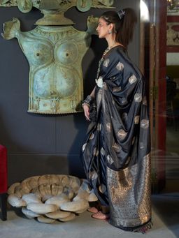 Akhilam - Womens Silk Blend Black Woven Designer Saree with Unstitched Blouse