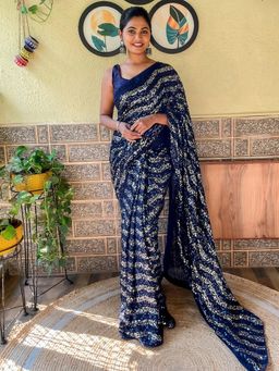 Akhilam - Womens Georgette Navy Blue Embellished Designer Saree with Unstitched Blouse