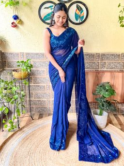Akhilam - Womens Georgette Navy Blue Embellished Designer Saree with Unstitched Blouse