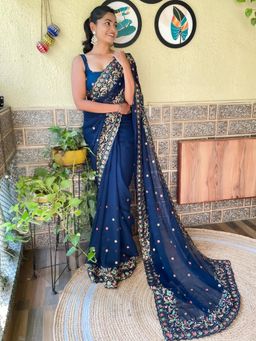 Akhilam - Womens Georgette Navy Blue Embellished Designer Saree with Unstitched Blouse