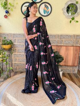 Akhilam - Womens Georgette Black Embellished Designer Saree with Unstitched Blouse
