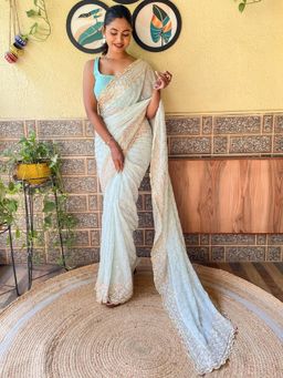 Akhilam - Womens Georgette Light Blue Embellished Designer Saree with Unstitched Blouse
