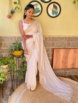 Akhilam - Womens Georgette Pink Embellished Designer Saree with Unstitched Blouse
