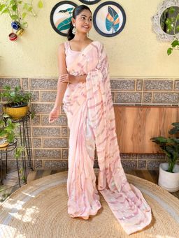 Akhilam - Womens Georgette Cream Embellished Designer Saree with Unstitched Blouse