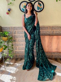 Akhilam - Womens Georgette Green Embellished Designer Saree with Unstitched Blouse