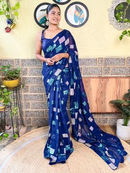 Akhilam - Womens Georgette Navy Blue Embellished Celebrity Saree with Unstitched Blouse