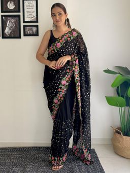 Akhilam - Womens Georgette Black Embellished Designer Saree with Unstitched Blouse