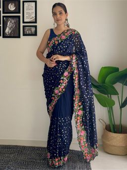 Akhilam - Womens Georgette Blue Embellished Designer Saree with Unstitched Blouse