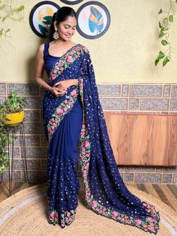 Akhilam - Womens Georgette Blue Embellished Designer Saree with Unstitched Blouse