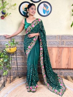 Akhilam - Womens Georgette Green Embellished Designer Saree with Unstitched Blouse