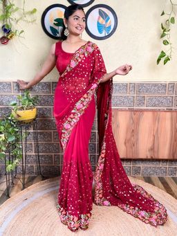 Akhilam - Womens Georgette Pink Embellished Designer Saree with Unstitched Blouse