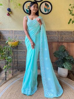 Akhilam - Womens Georgette Light Blue Embellished Designer Saree with Unstitched Blouse