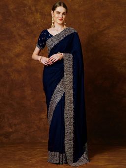 Akhilam - Womens Vichitra Silk Navy Blue Embellished Designer Saree with Unstitched Blouse