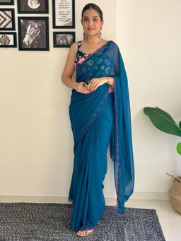 Akhilam - Womens Georgette Teal Blue Solid Designer Saree with Unstitched Blouse