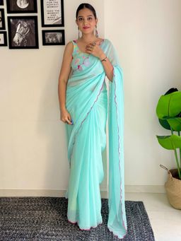 Akhilam - Womens Georgette Light Blue Solid Designer Saree with Unstitched Blouse