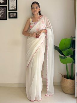 Akhilam - Womens Georgette Off White Solid Designer Saree with Unstitched Blouse