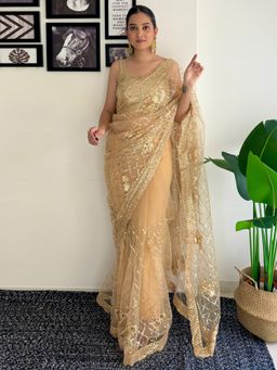 Akhilam - Womens Net Cream Embellished Designer Saree with Unstitched Blouse