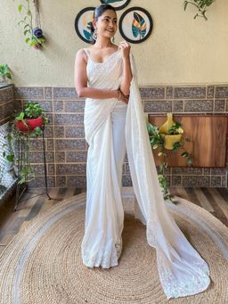 Akhilam - Womens Georgette Off White Embellished Designer Saree with Unstitched Blouse