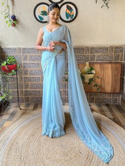 Akhilam - Womens Georgette Light Blue Embellished Designer Saree with Unstitched Blouse