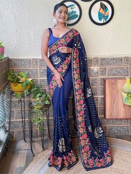 Akhilam - Womens Georgette Navy Blue Embellished Designer Saree with Unstitched Blouse