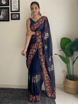 Akhilam - Womens Georgette Navy Blue Embellished Designer Saree with Unstitched Blouse
