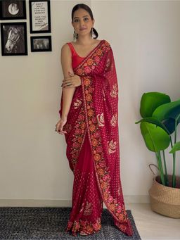 Akhilam - Womens Georgette Red Embellished Designer Saree with Unstitched Blouse