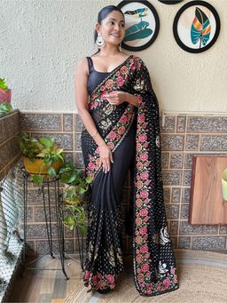 Akhilam - Womens Georgette Black Embellished Designer Saree with Unstitched Blouse