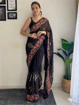Akhilam - Womens Georgette Black Embellished Designer Saree with Unstitched Blouse