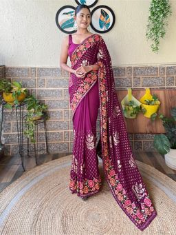 Akhilam - Womens Georgette Magenta Embellished Designer Saree with Unstitched Blouse