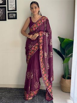 Akhilam - Womens Georgette Magenta Embellished Designer Saree with Unstitched Blouse