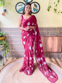 Akhilam - Womens Georgette Maroon Embellished Designer Saree with Unstitched Blouse