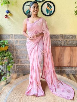 Akhilam - Womens Georgette Pink Embellished Designer Saree with Unstitched Blouse