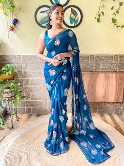 Akhilam - Womens Georgette Teal Blue Embellished Designer Saree with Unstitched Blouse
