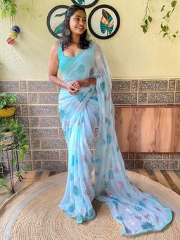 Akhilam - Womens Georgette Light Blue Embellished Designer Saree with Unstitched Blouse