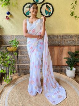 Akhilam - Womens Georgette White Embellished Designer Saree with Unstitched Blouse