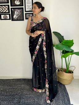 Akhilam - Womens Georgette Black Embellished Designer Saree with Unstitched Blouse
