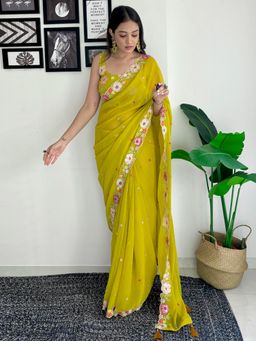 Akhilam - Womens Georgette Lemon Yellow Embellished Designer Saree with Unstitched Blouse